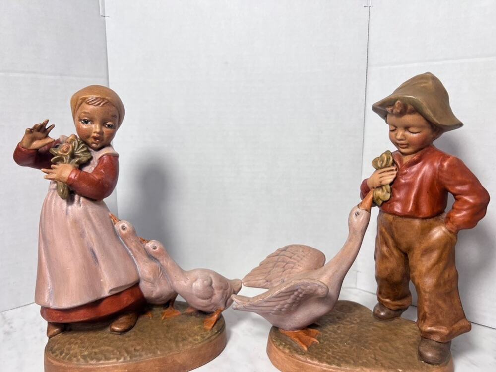 2 Holland Mold Boy and Girl with Geese Figurines 9" Flawless RARE Colors